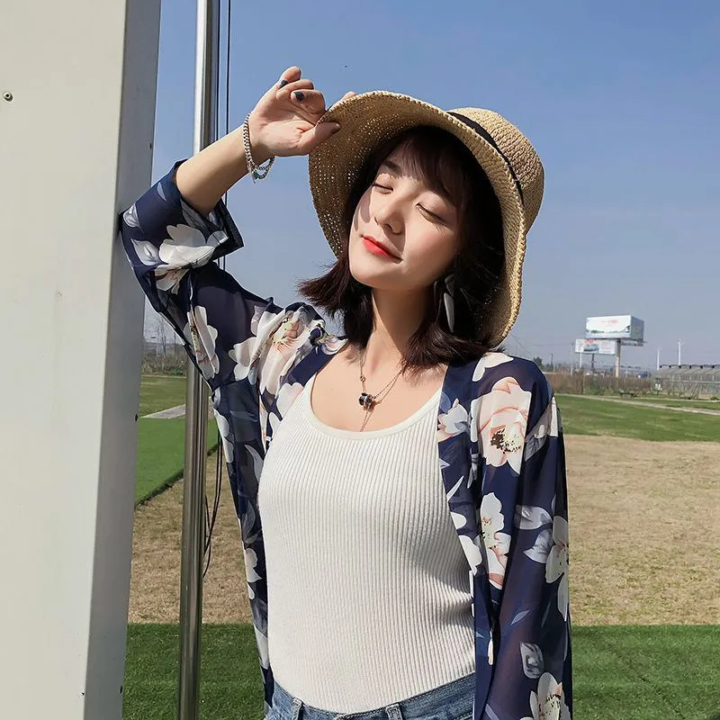 Женский шифоновый кардиган средней длины блузка с цветочным принтом и рукавами в