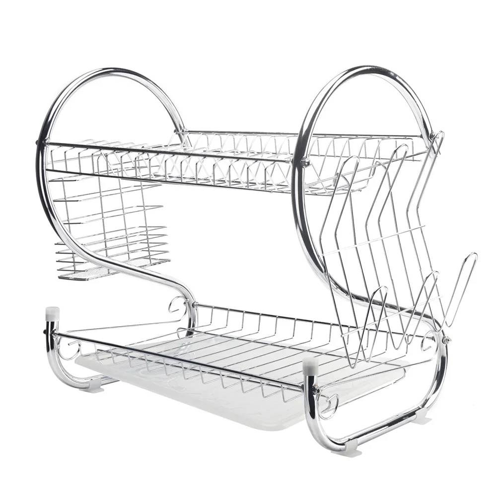 

Bowl Dish Home Desktop Organizer Double Layer Storage Stable Multifunctional Silver Iron Kitchen Drain Rack