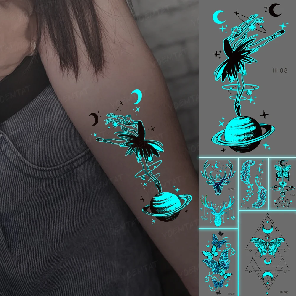 

Luminous Waterproof Temporary Tattoo Sticker Planet Butterfly Moon Snake Plant Arm Hand Fake Tatto Body Art Men Women Tatu