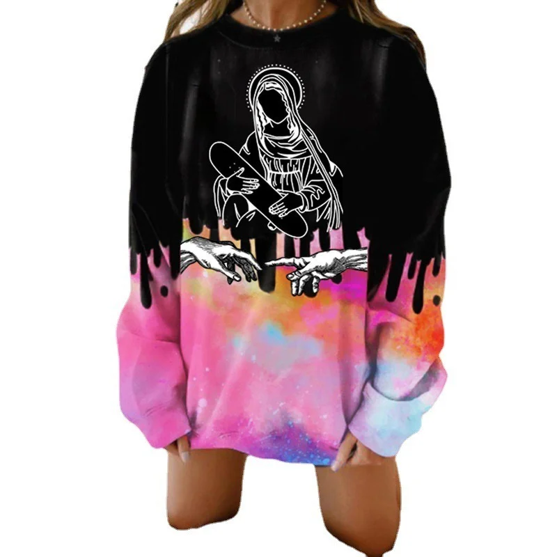 

black red skateboard print oversized crewneck sweatshirt women vintage loose casual streetwear long sleeve long sleeve clothes