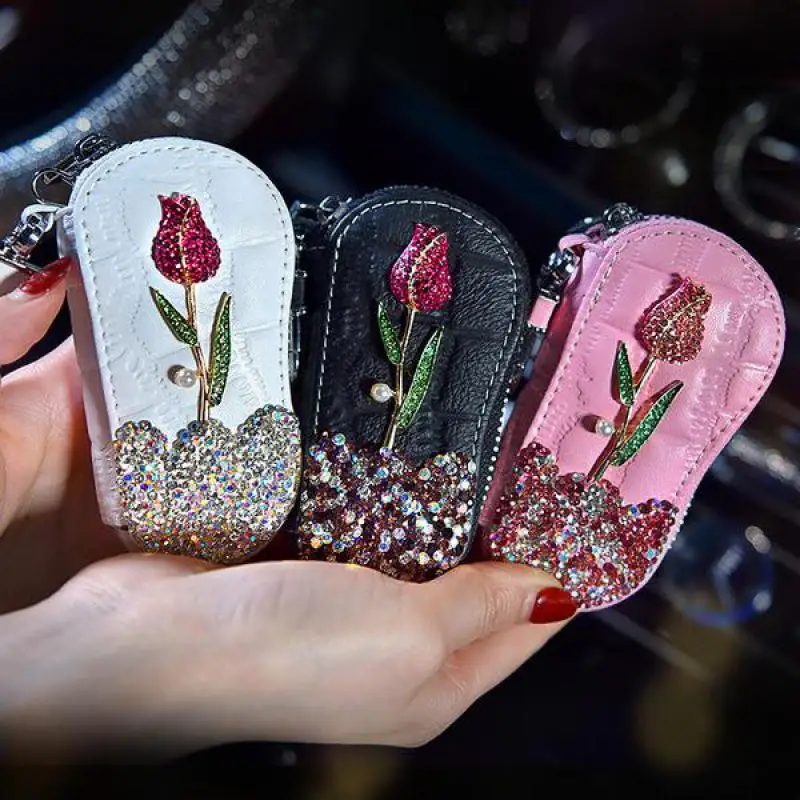 

Car Diamond Key Bag Rose Lovely Female Creative Personality Fashion Car Key Protective Cover Key Holder Purse Wallet Porta Chave