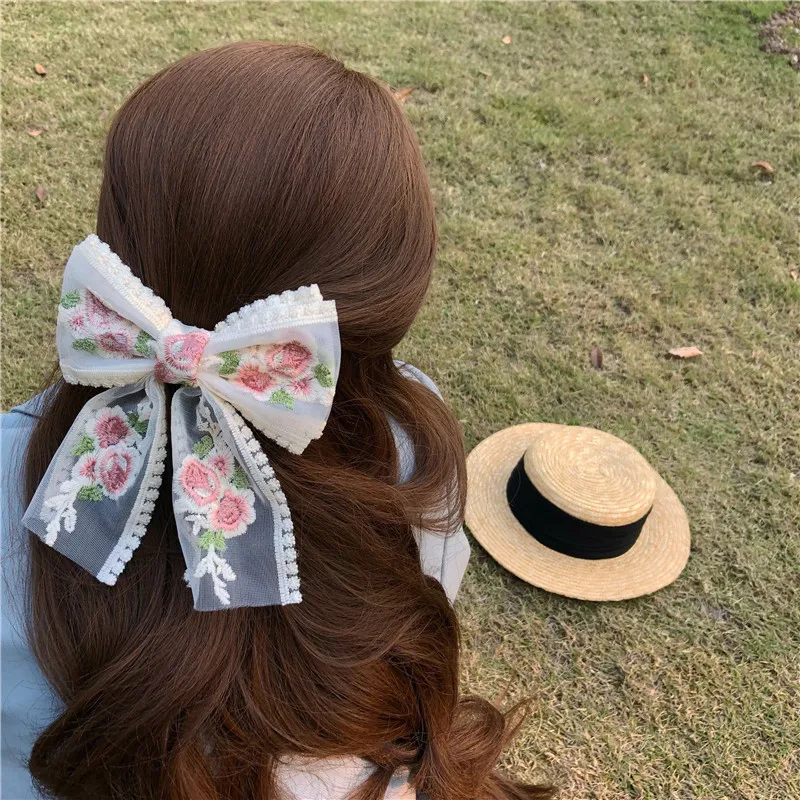 

2021 Retro Geometric Pink Rose Lace Ribbon Hairpin Korean Flower Embroidery Oversized Bow Spring Clip for Women Bridal Wedding