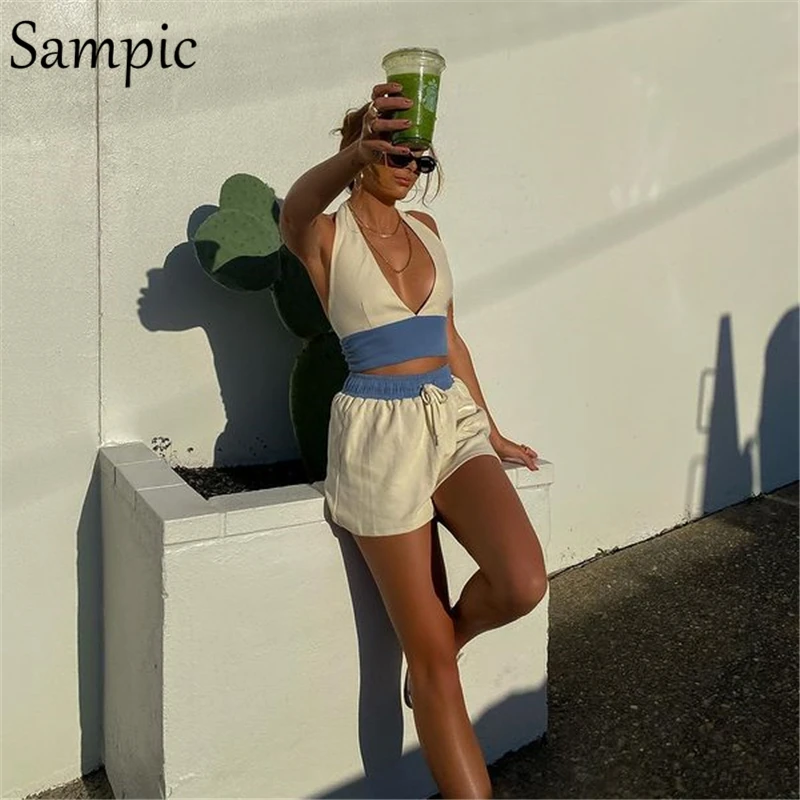 

Sampic Lounge Wear Casual Women Summer Tracksuit Outfit 2021 Halter Sexy Lace Up Tops And Mini Biker Skinny Shorts Two Piece Set