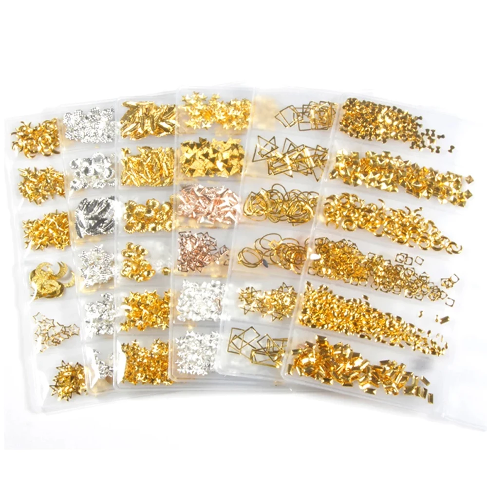 

Металлические Бриллианты золотые 6 моделей/коробка шпильки для ногтей фотоэлемент/сердца/треугольник... форма ногтей 3D Подвески Декор для ногтей JK