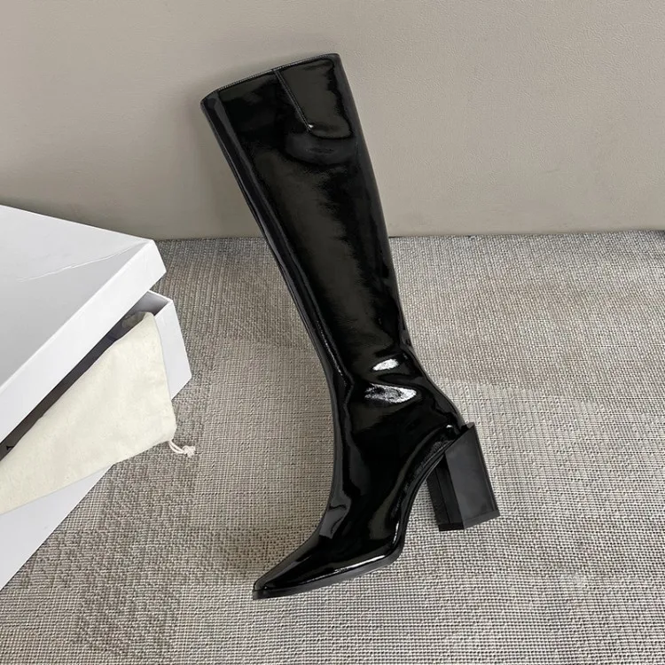 

MLJUESE 2021 women knee-high Patent Leather winter zippers short plush square toe high heels boots female women boots