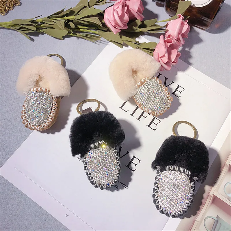 Новая мода пушистый мех ягненка брелок в форме обуви креативные плюшевые стразы