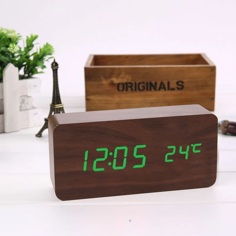 Электронные настольные часы светодиодный Деревянный Будильник голосовое