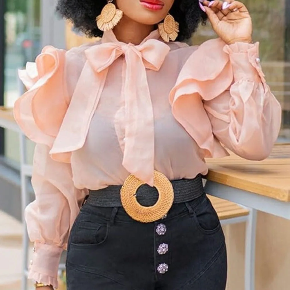 

African Women Sexy Blouse Falbala See-Through Lace-Up Bowknot Chiffon Ruffle Shirt Sweet Date Young Female Top Lady Clothing New