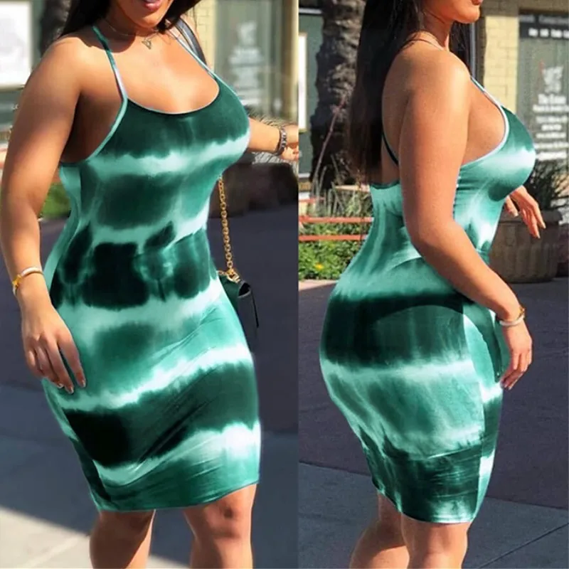 

Cutubly Plus Size S-5XL Sexy Bodycon Dress Summer Fashion Tie Dye Women Mini Dress Sleeveless Backless O-Neck Party Dresses