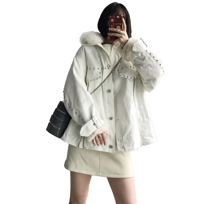 

Down Jacket Women 2020 Winter New Big Fur Collar White Duck Down Winter White Denim Jacket Hot Style