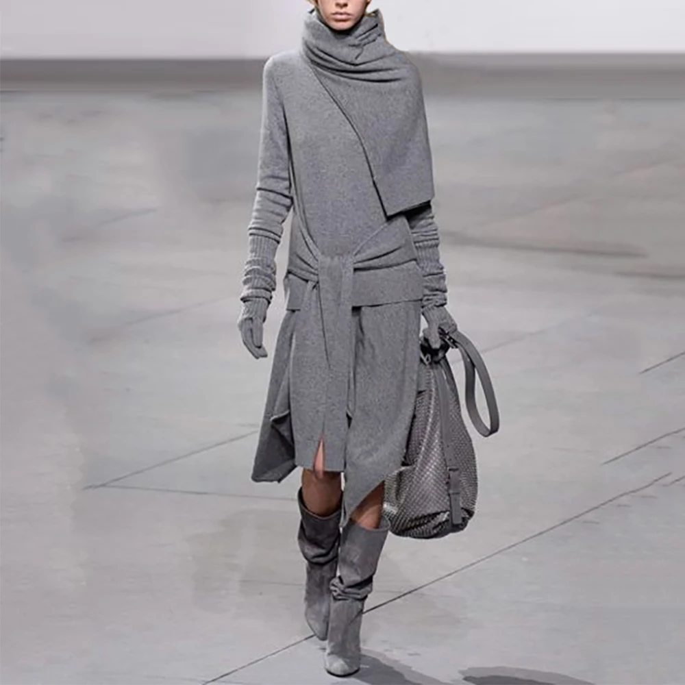 Женский ассиметричный чистый цвет длинный рукав свитер с поясом платье Высокая