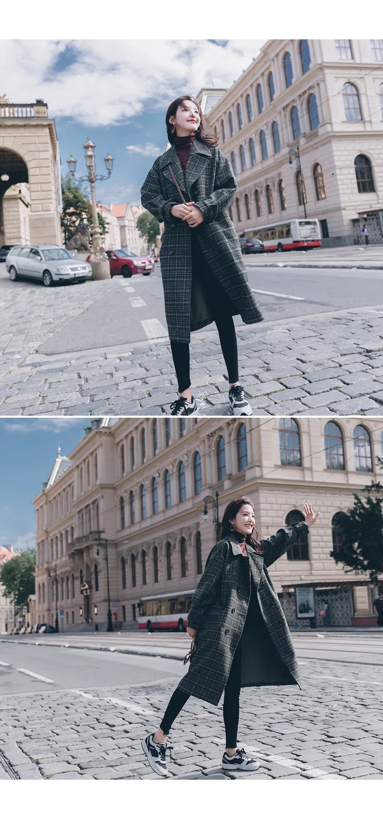 Vintage Plaids Clothes Loose Woollen Coat Women's New Checked Coat Baggy Silhouette Overcoat Tweeds Winter female Outerwear