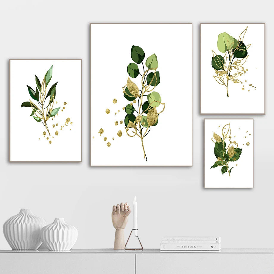

Nordic Golden Leaf Posters Canvas Painting Green Leaves Watercolor Wall Art Prints Picture for Living Room Decor