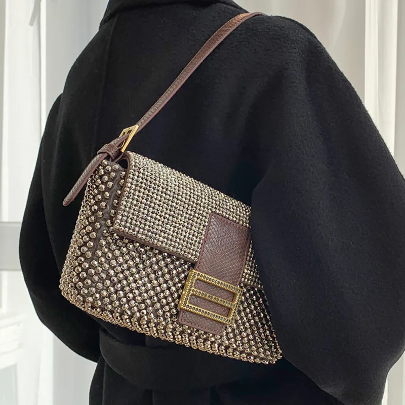 

2021 New Fashion Diamonds Armpit Bag Women's Single Shoulder All-match Phone Pack Casual Portable Baguette Bag E104