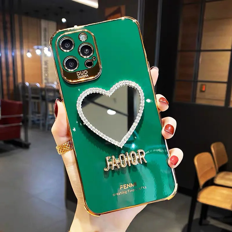 Luxury Brand Plating Love Heart Mirror Phone Case For Iphone 13 12 11 Pro Max 7 Plus XR Fashion Girl Diamond Crystal Soft Cover