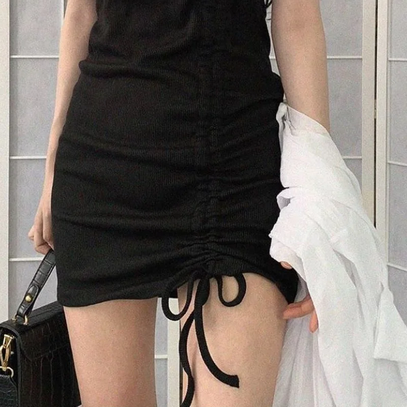 

Sleeveless Dress Women Solid Black Sheath Drawstring Neck-mounted Mini Dresses Summer Female Sexy Retro All-match Harajuku Chic