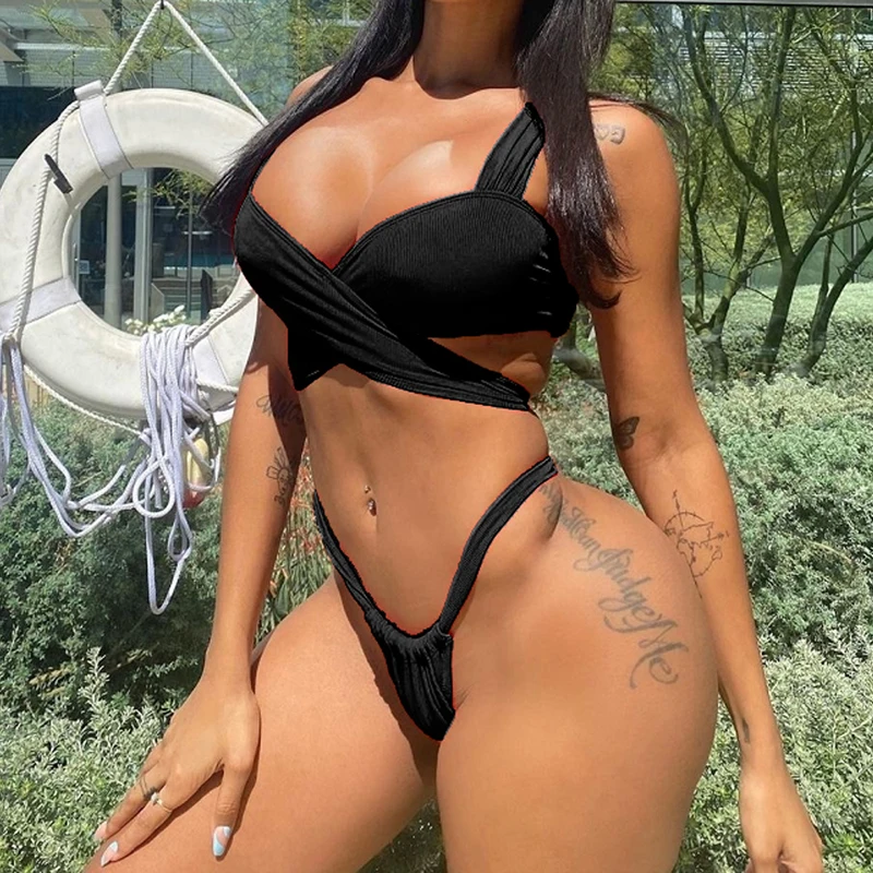 

Купальник из двух предметов, летнее однотонное бикини, женский купальный костюм пуш-ап с высоким вырезом, пляжная одежда с открытой спиной, ...