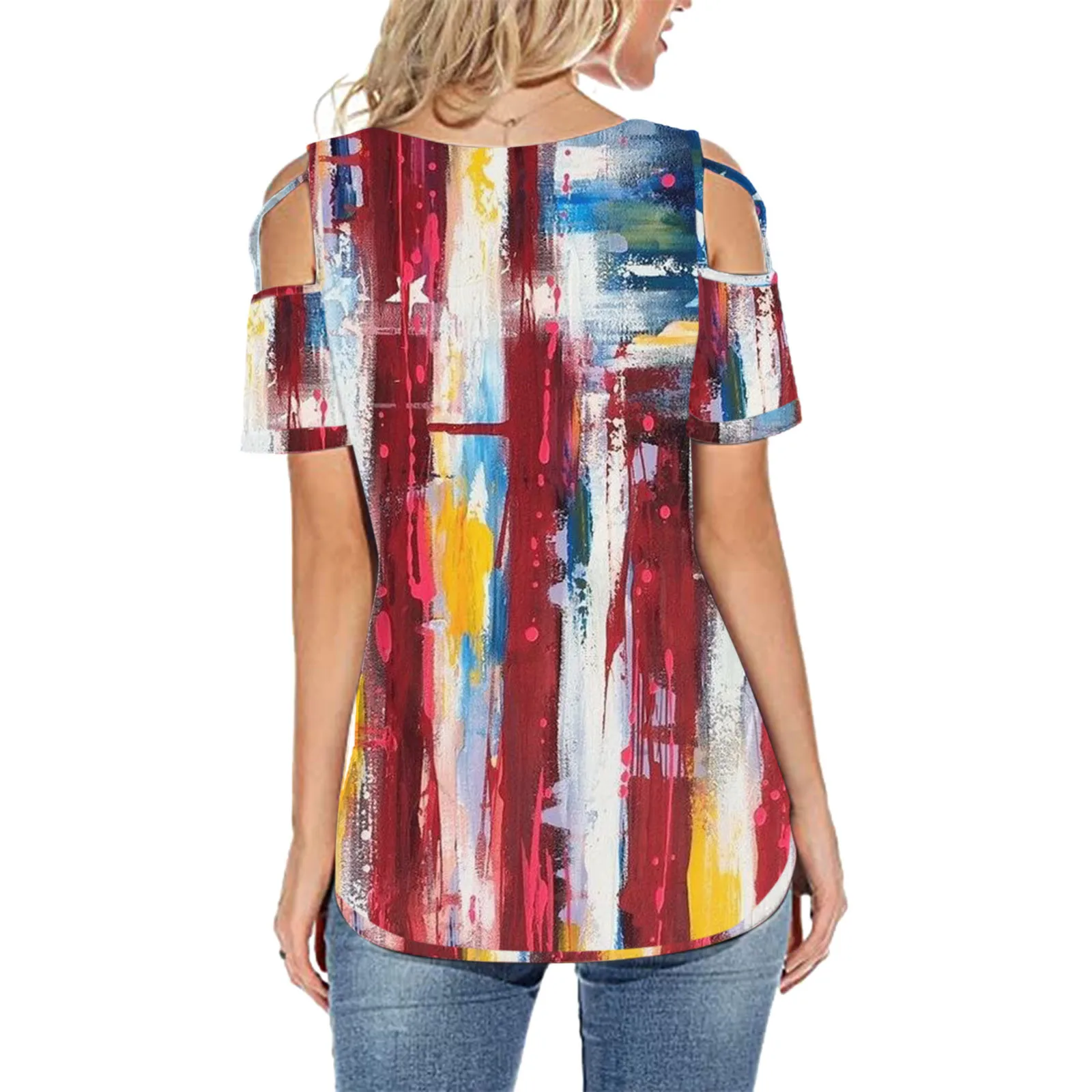 

Fashion Blouses Summer Clothes Sleeve Strappy Cold Shoulder Summer Top Femme Short Sleeve Strappy Cold Shoulder Blouses 2021