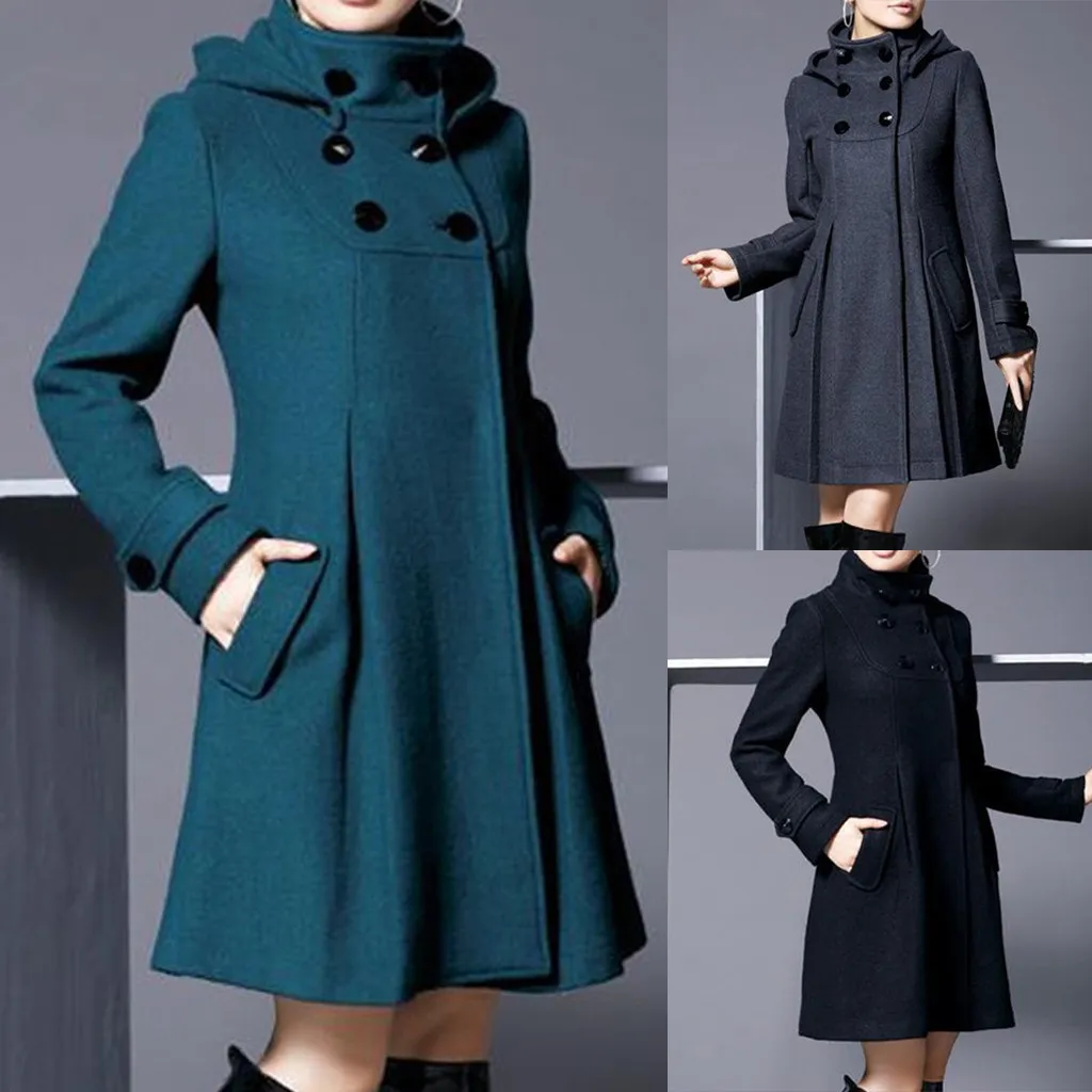 Женское зимнее шерстяное пальто с капюшоном однотонное двубортное средней длины