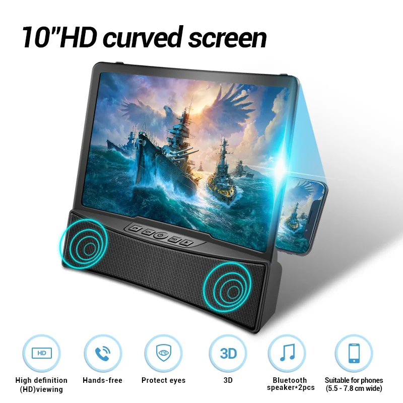 

10" 3D Mobile Phone Screen Magnifier Enlarger HD Video Amplifier Bluetooth Speaker Stereo Music Surround Box Desk Phone Holder