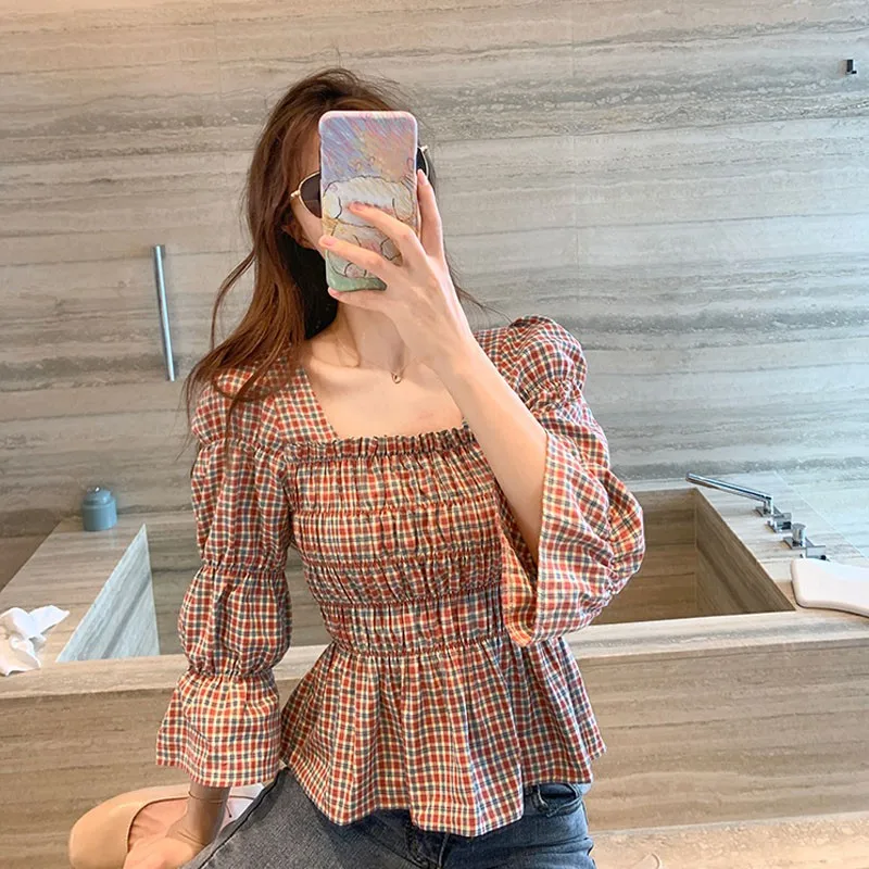 

Summer Women Retro Square Collar Plaid Shirt Trumpet Sleeve Plaid Shirt Slim Waist All-match Shirt Top
