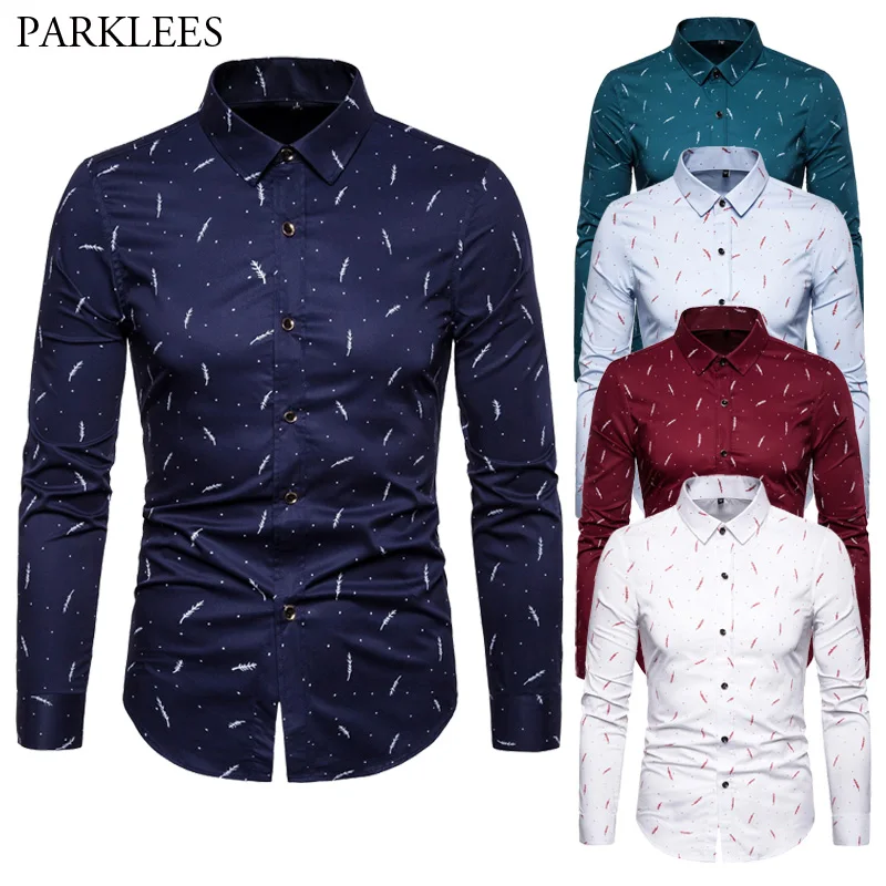 

Feather Printed Men Dress Shirts Casual Slim Fit Men Long Sleeve Business Work Mens Shirt Daily Social Streetwear Male Chemise