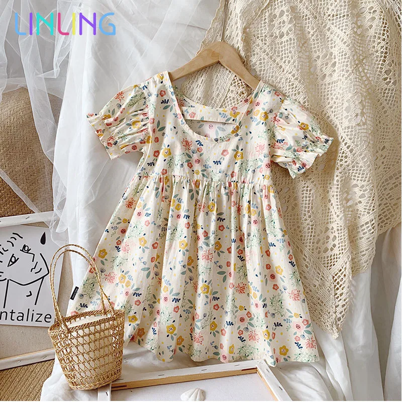 Платье для девочек летнее с коротким рукавом платье принцессы цветочным