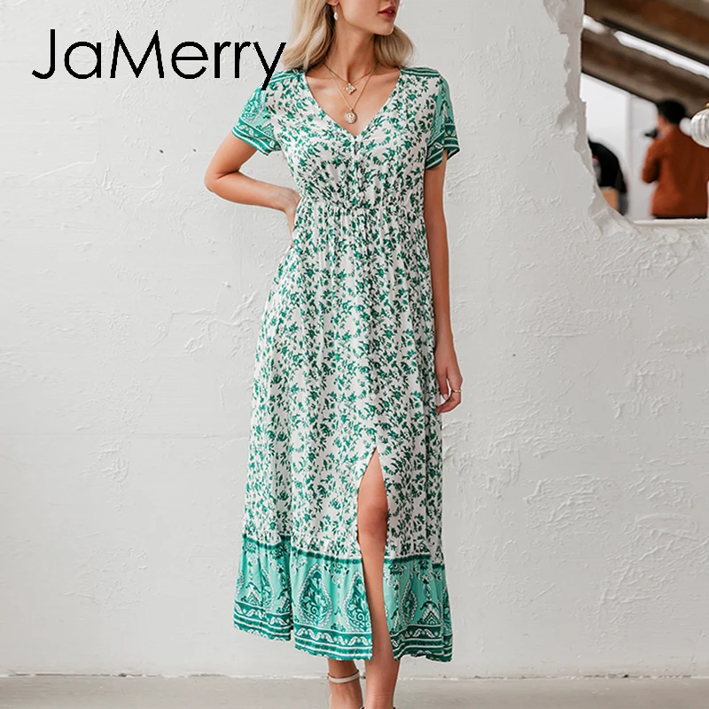JaMerry бохо v образный вырез цветочное длинное платье женское богемное на пуговицах