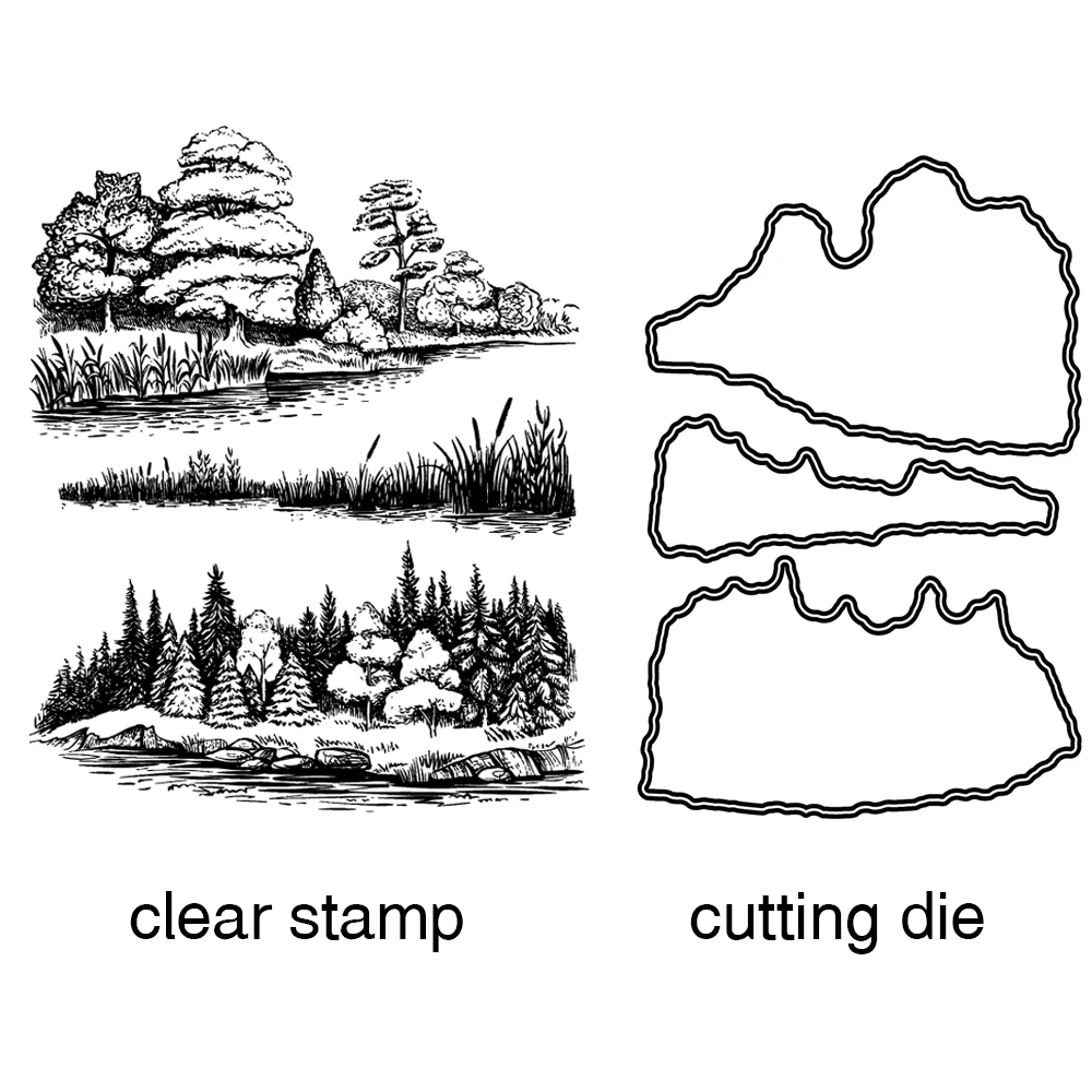 

AZSG Lakeside Trees Grass Cutting Dies Clear Stamps For DIY Scrapbooking/Card Making Decorative Silicone Stamp Crafts
