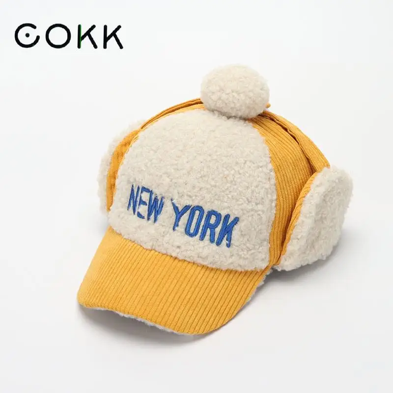 

COKK Baseball Cap Girls Boys Winter Hat Kids Thick Warm Ear Flap Protection Snapback Casquette Bone Gorras Children 3-7 Year Old