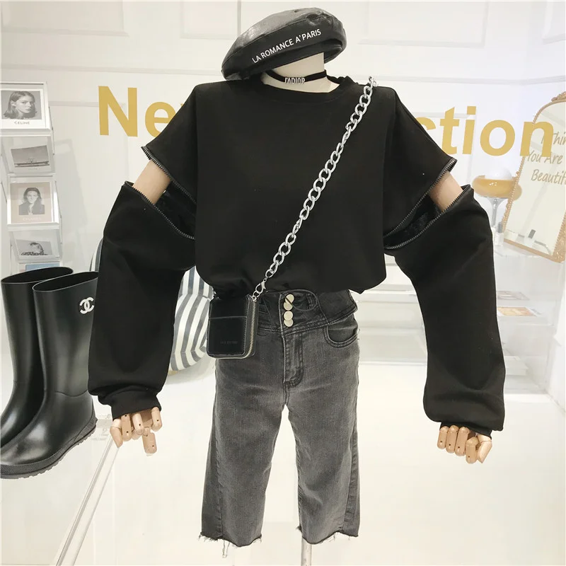 

Long-Sleeved Sweatershirt Women's 2020 Autumn New Zipper Round Neck Pullover Korean-Style Loose Top Streetwear Hoodie Women