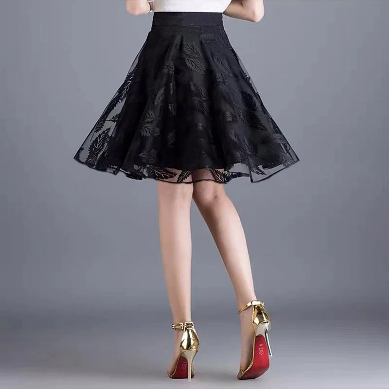 

Half-length Skirt 2021 New Short Skirt Black Lace Spring and Autumn Skirt Mesh High Waist Thin A-line Pleated Skirt