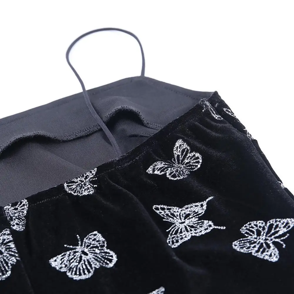 Женское бархатное платье на бретельках без рукавов с принтом бабочки облегающее