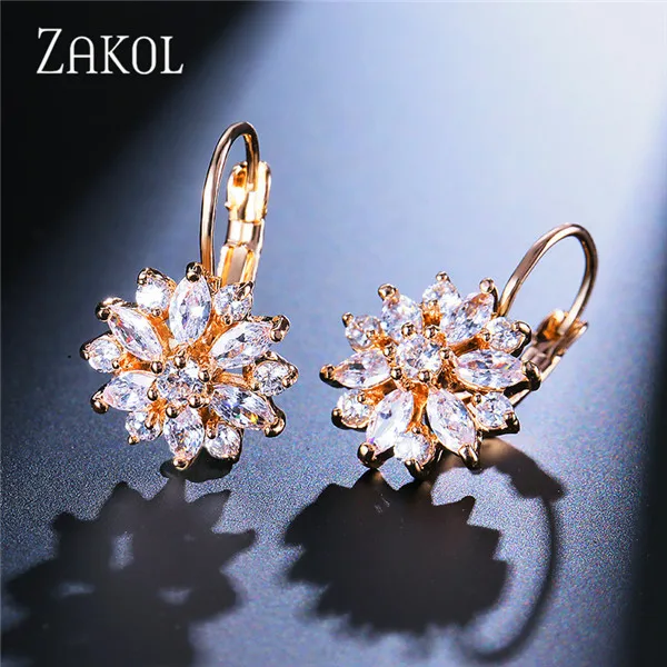 Gold Color ZAKOL Мода розовое золото Цвет цветок обруч серьги кластера прозрачного хрусталя циркония серьги для Для женщин ювелирные Brincos FSEP609 - Окраска металла: Gold Color