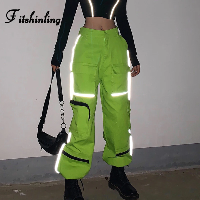 Женские брюки карго Fitshinling зеленые повседневные со светоотражающими карманами
