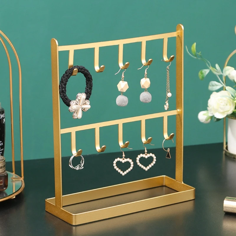 

Metal Desk Jewelry Organizer Holder Rack Jewelry Display Stand with Ring Tray XXFD