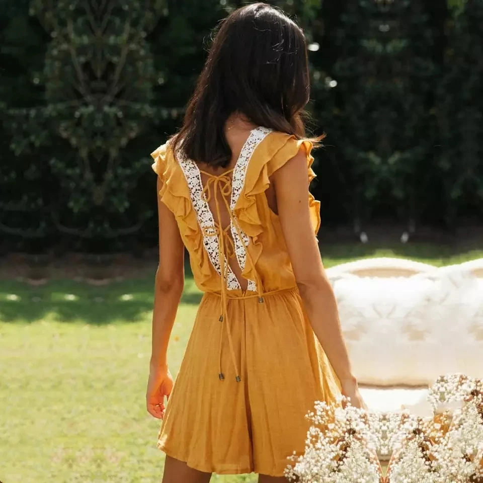 

Women Sexy Patchwork Lace Backless Jumpsuits 2021 Summer Loose Square Collar Lace-Up Hollow Out Boho Beach Playsuits Rompers