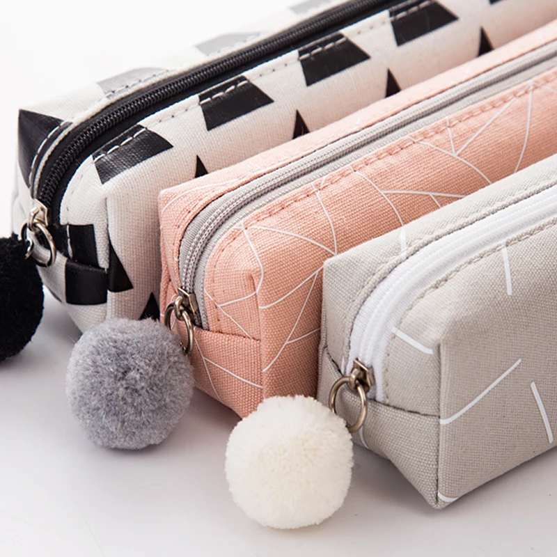 

Canvas Simple Style Pencil Case School Solid Color Cute Kawaii Pendant Pencil Bag Pouch Office Students Kids Stationery Supply