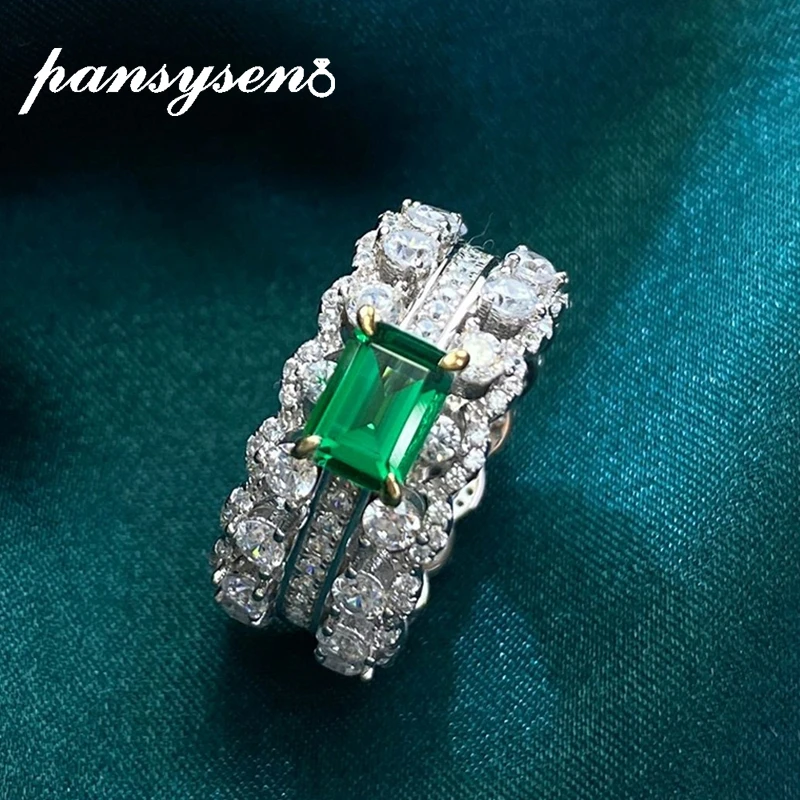 

PANSYSEN Vintage 100% 925 Sterling Silver Created Moissanite Emerald Gemstone Wedding Engagement Ring Fine Jewelry Wholesale