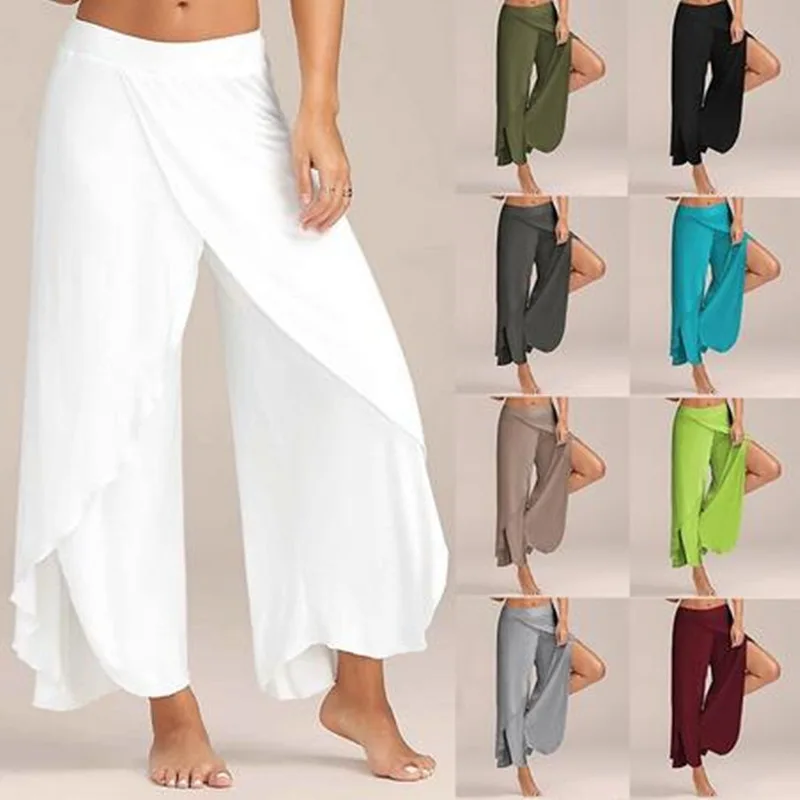 

Puimentiua 2021 Summer Chiffon Irregular Side Pants Women Causal Wide Leg Split Trousers Female Solid Elastic Wasit Loose Pants