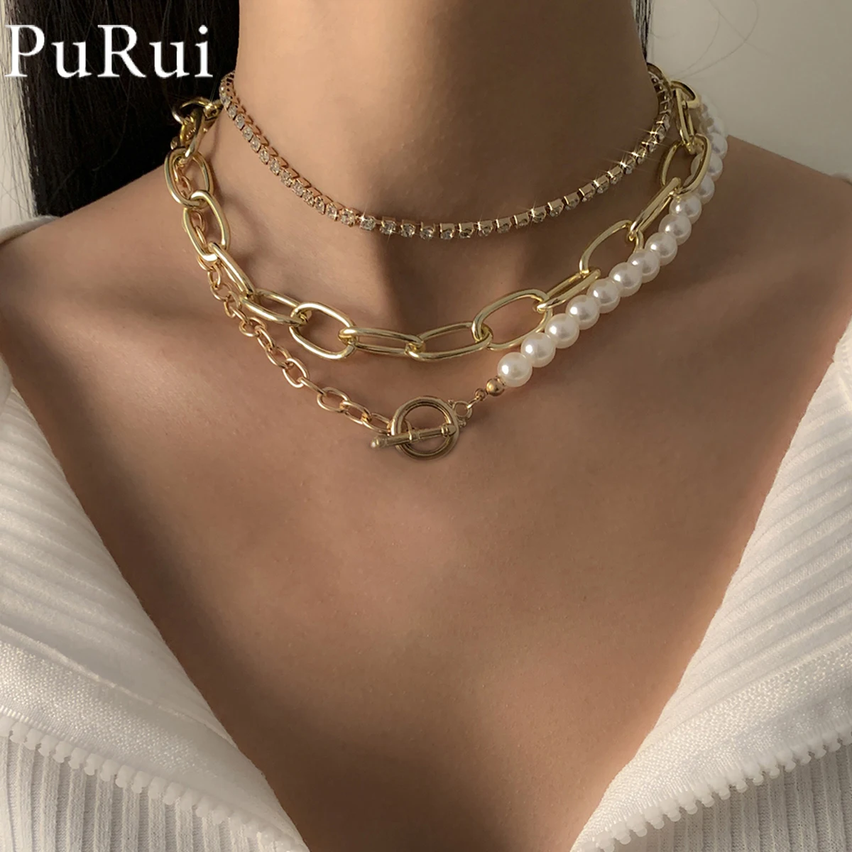 

Punk Multi Layered Pearl Choker Necklaces Set for Women Toggle Clasp Thick Chain Necklace Crystal Tennis Chain Choker Jewelry