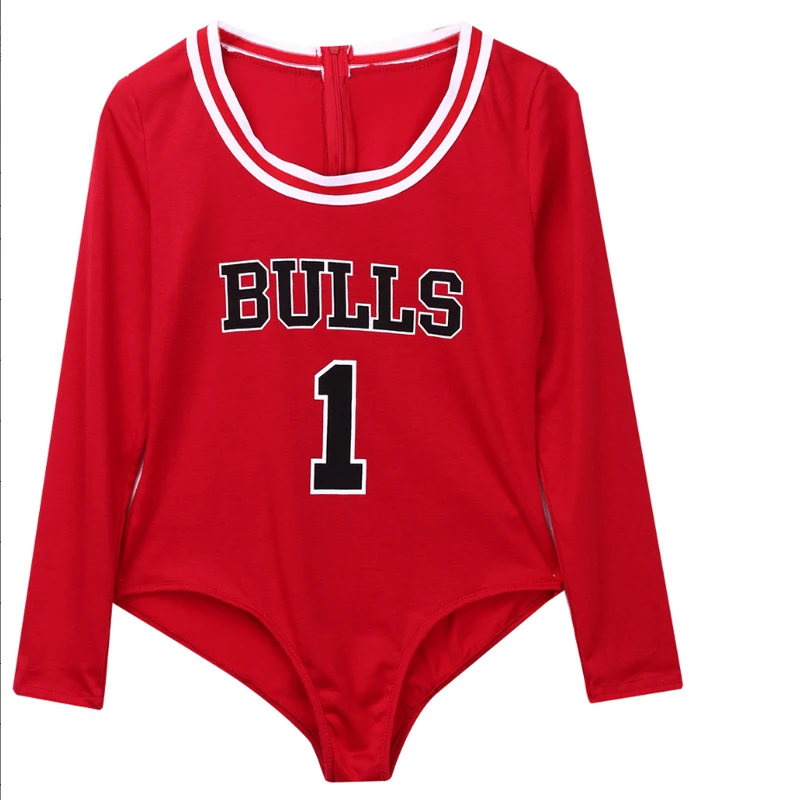 

2020 Autumn Women Bodysuits Sexy Slim Top Letter BULLS 1 Print Bodycon O- Neck Long Sleeve Black Red Sports Clubwear