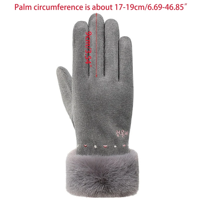 

Women Winter Full Finger Gloves Plush Lined Heart Embroidery Touchscreen Mittens J78E