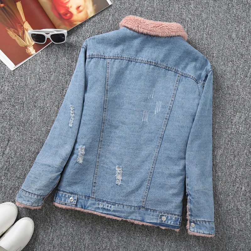 Женская джинсовая куртка с длинным рукавом однотонная теплая Повседневная из