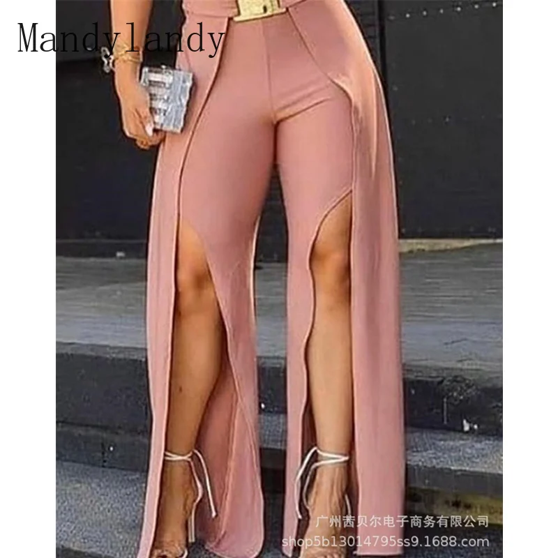 

Mandylandy Women's Sexy Slit Bodycon Pants Lady Elegant Fashion Autumn High Waist Slim Fit Skinny Trousers with Belt