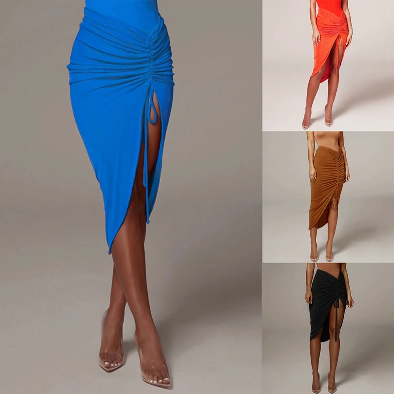 

High Waist Lace Up Mini Skirts Womens Ruched Drawstring Hip Sexy Tight Slit Skirt Club Wrinkled Skirt