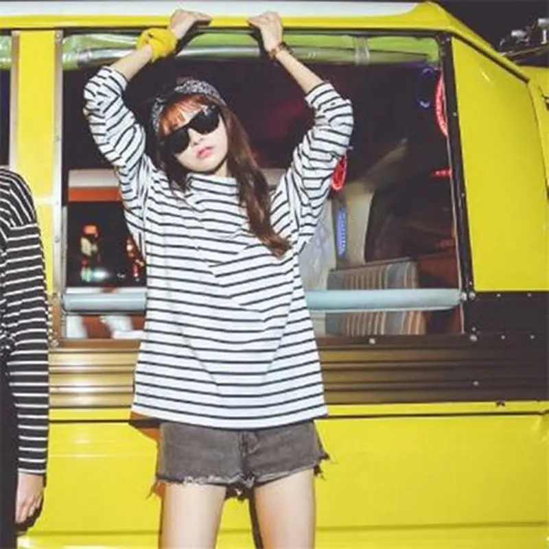 2020 spring autumn Women t shirt Harajuku Simple stripes tshirt long sleeve Turtle neck slim T-Shirts Femme black white Top Tees | Женская