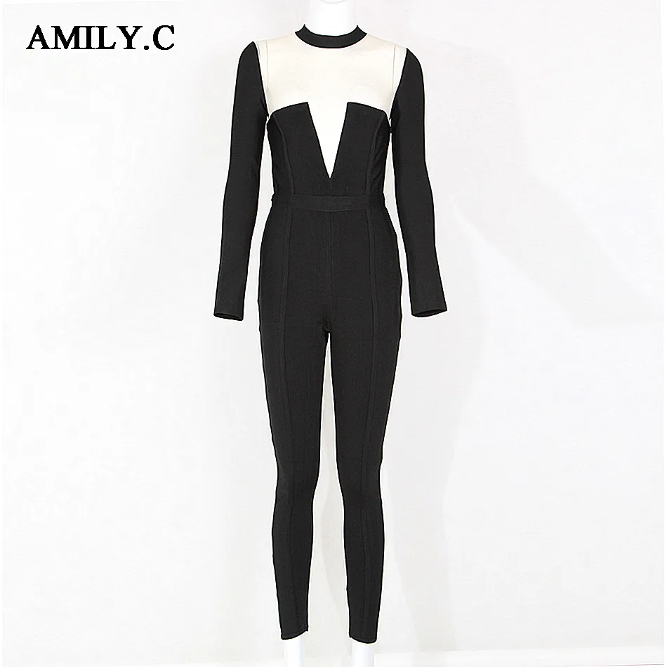 Amily.c 2020 New Spring Women Jumpsuits Sexy Bodycon Mesh Bandage Jumpsuit Celebrity Party Black Wholesale Vestidos Женская одежда