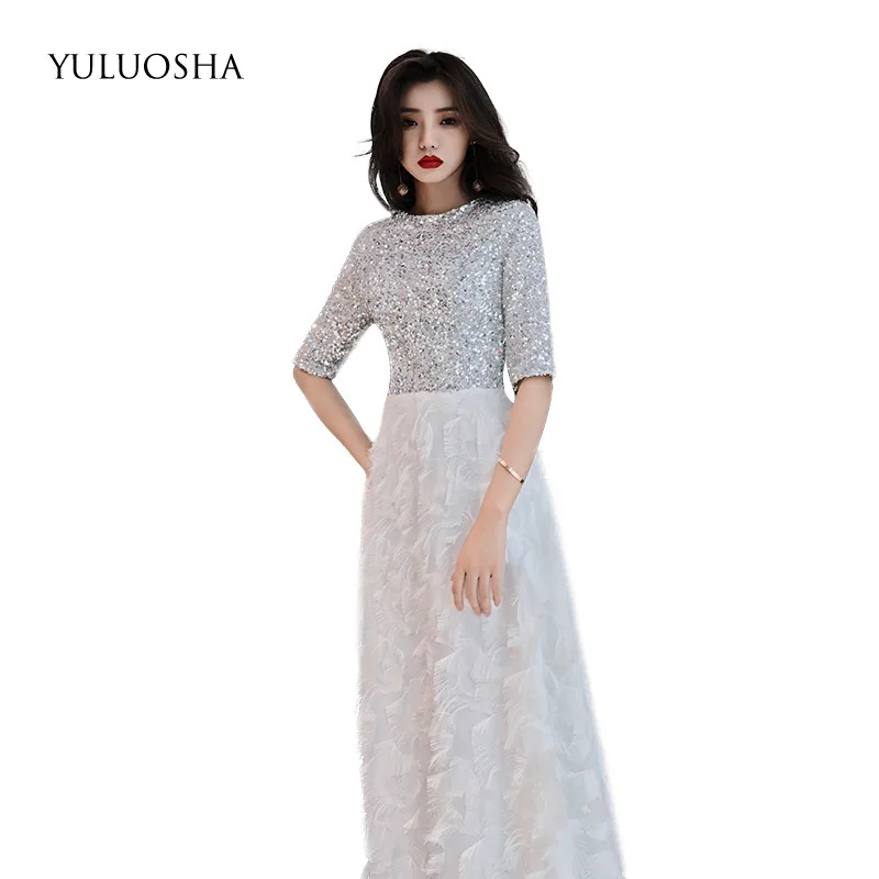 

YULUOSHA 2020 Elegant Slim O-Neck Half Sleeve Applique Evening Party Prom Formal Gowns Long Sequin Dress Vestidos Robe De Soiree