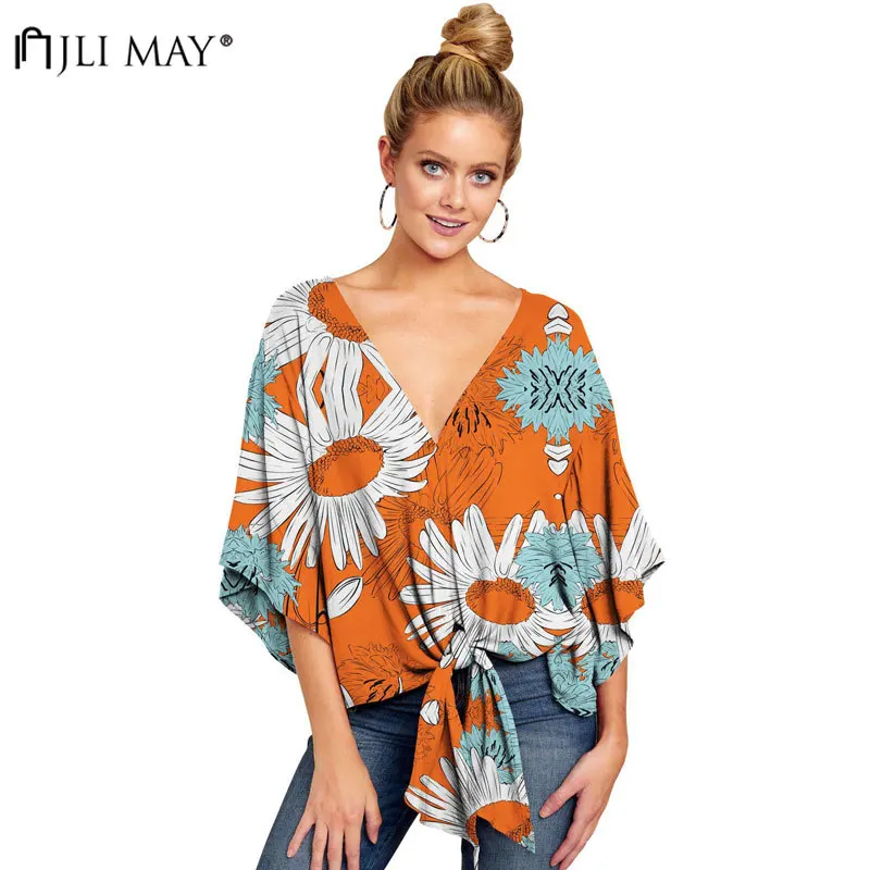 

JLI MAY Women's Print Shirts Spring Summer Casual V Neck Flare Sleeve Knot Front Blouse Plus Size 5XL Women Clothes Office Lady